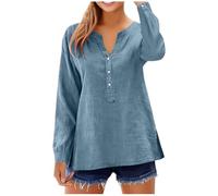 Generisch Sencilla blusa de manga larga para mujer, tejido de mezcla de lino suave y transpirable con cuello en V, diseño monocolor para una óptima vida cotidiana y ocupación, ideal para actividades