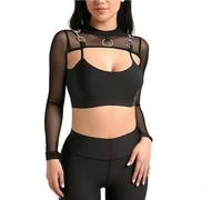 Generisch Señoras Malla Manga Larga Semi Cuello Alto Crop Top Transparente Bufanda Red de Pesca Cubierta Con Lockup Bufanda Cuadros, Negro , S