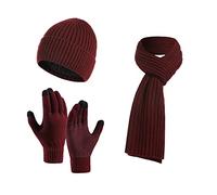 Generisch Señoras y caballeros gorro de lana cálido de invierno bufanda guantes slouchy de tres piezas gorro de punto de nieve de invierno con visera manoplas bufandas conjuntos, Vino, talla única