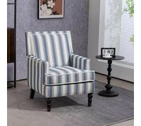 Generisch Silla tapizada vintage con tela de lino a rayas azules y blancas, borde de cabeza de clavo y patas de madera maciza para salón, rincón de lectura, estudio y habitación de invitados