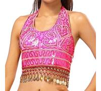 Generisch Sobre cruz para mujer, con lentejuelas, top de danza del vientre, top de tanque, disfraz de lentejuelas, borla, vestido sexy, Rosa intenso., Talla única