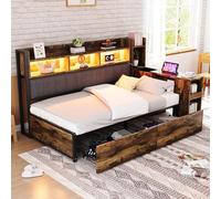 Generisch Sofá cama de hierro, 90 x 200 cm, con espacio de almacenamiento versátil, enchufes integrados y escritorio extensible, cama multifuncional con iluminación LED y cajones grandes