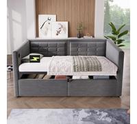 Generisch Sofá cama tapizada de 90 x 190 cm, sofá cama individual con almacenamiento hidráulico y base de carga USB y tipo C, cama de invitados con somier de listones de madera, gris, terciopelo, sin