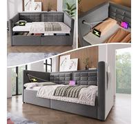 Generisch Sofá cama tapizado de 90 x 200 cm con almacenamiento hidráulico y base de carga USB/tipo C - Cama de invitados de terciopelo gris con somier de láminas de madera, sin colchón