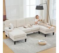Generisch Sofá de 4 plazas en U beige con doble chaise longue de pana suave, sofá tapizado con puerto de carga USB/tipo C y bolsillos de almacenamiento, construcción estable para sala de estar