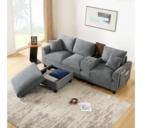 Generisch Sofá esquinero en forma de L con consola multifunción • Base de carga USB integrada y soporte para vasos • Funda de pana de alta calidad • Incluye taburete de almacenamiento y cojines