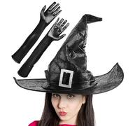 Generisch Sombrero de de Halloween, 53 cm, sombrero de de 130 g, sombrero de piel sintética negra con guantes largos, estable y duradero para disfraces de mujer, juegos de rol y