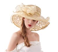 Generisch Sombrero de mujer con corona ancha de flores para vestido de verano, protección solar en la playa, sombrero de sol para fiesta de novia, caqui, Talla única