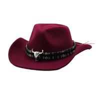 Generisch Sombrero de vaquero occidental con decoración de cabeza de vaca para disfraz de festival étnico, Vino, M