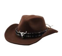 Generisch Sombrero de vaquero occidental con decoración de cabeza de vaca para disfraz de festival étnico, café, M