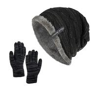 Generisch Sombrero Neutral Mujer Hombre e Invierno Color Sólido Gorro de Lana Engrosado Cálido Protección auditiva Gorro de Punto Frío Guante Conjunto de Dos Piezas Guantes Construcción, Negro