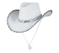 Generisch Sombrero Rodeo Star, rosa y blanco, para adultos, sombrero de vaquero con lentejuelas, vaquera, carnaval, carnaval, fiesta temática, sombrero de vaquero, lentejuelas para mujer, boa de