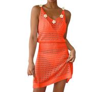 Generisch Sommer Häkeln Aushöhlen Stricken Strand Badeanzug Schwimmen Cover Ups Cruise Outfits Urlaub Kleider Für Frauen 2025 (Orange, XL)