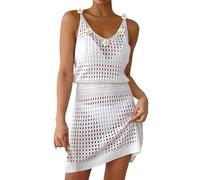Generisch Sommer Häkeln Aushöhlen Stricken Strand Badeanzug Schwimmen Cover Ups Cruise Outfits Urlaub Kleider Für Frauen 2025 (White, XL)