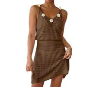 Generisch Sommer Häkeln Aushöhlen Stricken Strand Badeanzug Schwimmen Cover Ups Cruise Outfits Urlaub Kleider Für Frauen 2025 (Coffee, M)