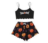 Generisch Spooky Vest Pajama Set Halloween Spooky Pajamas Womens Uminous Pajama Set for Spooky Season Soft Flannel Pajamas Sets with Print Glow-in-The-Dark Stretch, Pajamas B1-negro, S