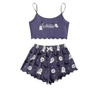 Generisch Spooky Vest Pajama Set Halloween Spooky Pajamas Womens Uminous Pajama Set for Spooky Season Soft Flannel Pajamas Sets with Print Glow-in-The-Dark Stretch, Pajamas B1-light Lila, S