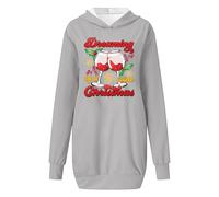 Generisch Sudadera con capucha casual para mujer, cuello redondo y bolsillo, diseño navideño de copa de vino, gris, L