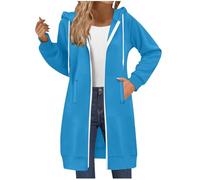 Generisch Sudadera con capucha con cremallera para mujer, túnica larga con capucha, sudadera con bolsillos, sudadera con capucha de gran tamaño con bolsillos, azul celeste, M