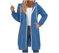 Generisch Sudadera con capucha con cremallera para mujer, túnica larga con capucha, sudadera con bolsillos, sudadera con capucha de gran tamaño con bolsillos, azul, L
