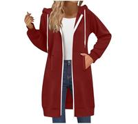 Generisch Sudadera con capucha con cremallera para mujer, túnica larga con capucha, sudadera con bolsillos, sudadera con capucha de gran tamaño con bolsillos, rojo, XL-4XL
