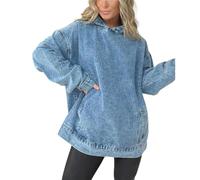 Generisch Sudadera con capucha de mezclilla con bolsillos delanteros para mujer, casual suelto de manga larga, sudaderas vaqueras, azul, S