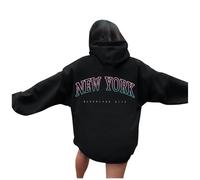 Generisch Sudadera con capucha grande para mujer, algodón, sudadera con capucha New York, sudadera deportiva, transpirable, informal, de algodón, elegante, transpirable, camiseta deportiva, Negro , S