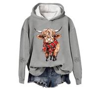 Generisch Sudadera con capucha navideña para mujer, con estampado de vaca occidental, para días festivos, acogedoras noches de invierno, gris, L