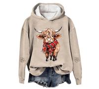 Generisch Sudadera con capucha navideña para mujer, con estampado de vaca occidental, para días festivos, acogedoras noches de invierno, caqui, XL
