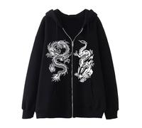 Generisch Sudadera con capucha para hombre, informal, chaqueta con capucha con estampado de dragón, cremallera de gran tamaño, sudadera con estampado de dragón, jersey de manga larga Y2K, sudadera con