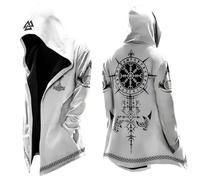 Generisch Sudadera con capucha para hombre medieval cárdigan vikingo brújula 3D gráfico impreso chaqueta de motocicleta ropa gótica poncho gabardina Y2K sudadera con capucha abrigo abrigo exterior