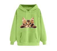 Generisch Sudadera con capucha para mujer, color blanco, con bonito dibujo de gato, sudadera suave a la moda, estilo informal, sudadera con capucha, ropa de calle, suéter de gran tamaño, Verde n.º 3