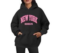 Generisch Sudadera con capucha para mujer con estampado de Brooklyn de Nueva York, manga larga, estilo universitario, sudadera informal con bolsillo canguro, Style_z02 Negro, M