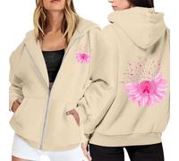 Generisch Sudadera con capucha para mujer de forro polar con cremallera, estampado de cáncer de mama para la época del año fresco, con práctico bolsillo con cordón como un cómodo compañero diario