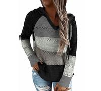 Generisch Sudadera con capucha para mujer de punto, color block de ganchillo con rayas, suelta, para otoño e invierno, Negro , 5XL-6XL