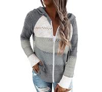Generisch Sudadera con capucha para mujer de punto, color block de ganchillo con rayas, suelta, para otoño e invierno, blanco grisáceo, 5XL-6XL