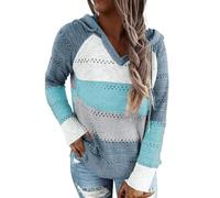 Generisch Sudadera con capucha para mujer de punto, color block de ganchillo con rayas, suelta, para otoño e invierno, azul, 5XL-6XL