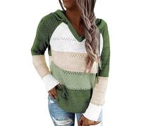 Generisch Sudadera con capucha para mujer de punto, color block de ganchillo con rayas, suelta, para otoño e invierno, verde, 5XL-6XL