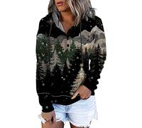 Generisch Sudadera con capucha para mujer, diseño de impresión sin posicionamiento, cuello en V, tira de botones, informal, manga larga, ajuste grande, cómoda, para el tiempo libre, con bolsillo con