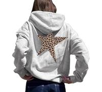 Generisch Sudadera con capucha para mujer, estampado de estrellas, estampado de leopardo, informal, cómoda, para invierno, uso diario, talla grande, gris, M