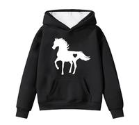 Generisch Sudadera con capucha y sudaderas negras de invierno cálido suéter de forro polar con bolsillo lindo estampado de caballo manga larga sudadera casual para niños pequeños suéter albanés niñas