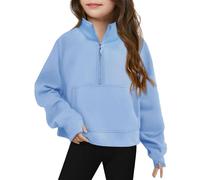 Generisch Sudadera con media cremallera para niñas, manga larga, jersey para niños, ropa de invierno ligera, blusa para niñas, azul celeste, 5-6 años