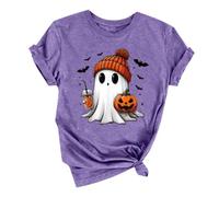 Generisch Sudadera de Halloween para mujer, Hocus Pocus, manga corta, jersey, blusa, mujer, Halloween, fiesta, camiseta, hombros descubiertos, túnica de manga 3/4, Camiseta C2-púrpura, L