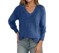 Generisch Sudadera de invierno para mujer, monocolor, a la moda, informal, holgada, manga larga, cuello de pico, sudadera, azul, XL