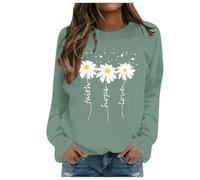 Generisch Sudadera de moda e informal para otoño e invierno con cuello redondo y estampado de crisantemos de flores para mujer, suelto de manga larga, Verde claro., XL