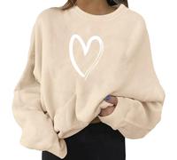 Generisch Sudadera de moda para mujer, cálida, informal, manga larga, cuello redondo, suave, con estampado de amor, beige, L