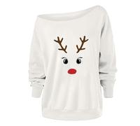 Generisch Sudadera de Navidad para mujer, cuello oblicuo, suéter de Navidad, tallas grandes, estampado navideño, camiseta de manga larga, moda de invierno, jersey de Navidad, sudadera de manga larga