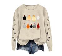 Generisch Sudadera informal de manga larga con cuello redondo para mujer, con estampado de gallinas, beige, XXL