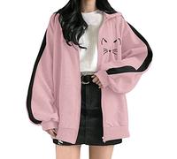 Generisch Sudadera larga para mujer, sudadera con capucha de gran tamaño con cremallera, sudaderas góticas, ropa de calle, suéter para mujer mayor, Rosa., L