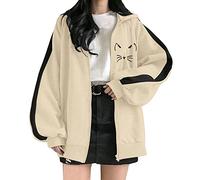 Generisch Sudadera larga para mujer, sudadera con capucha de gran tamaño con cremallera, sudaderas góticas, ropa de calle, suéter para mujer mayor, beige, S